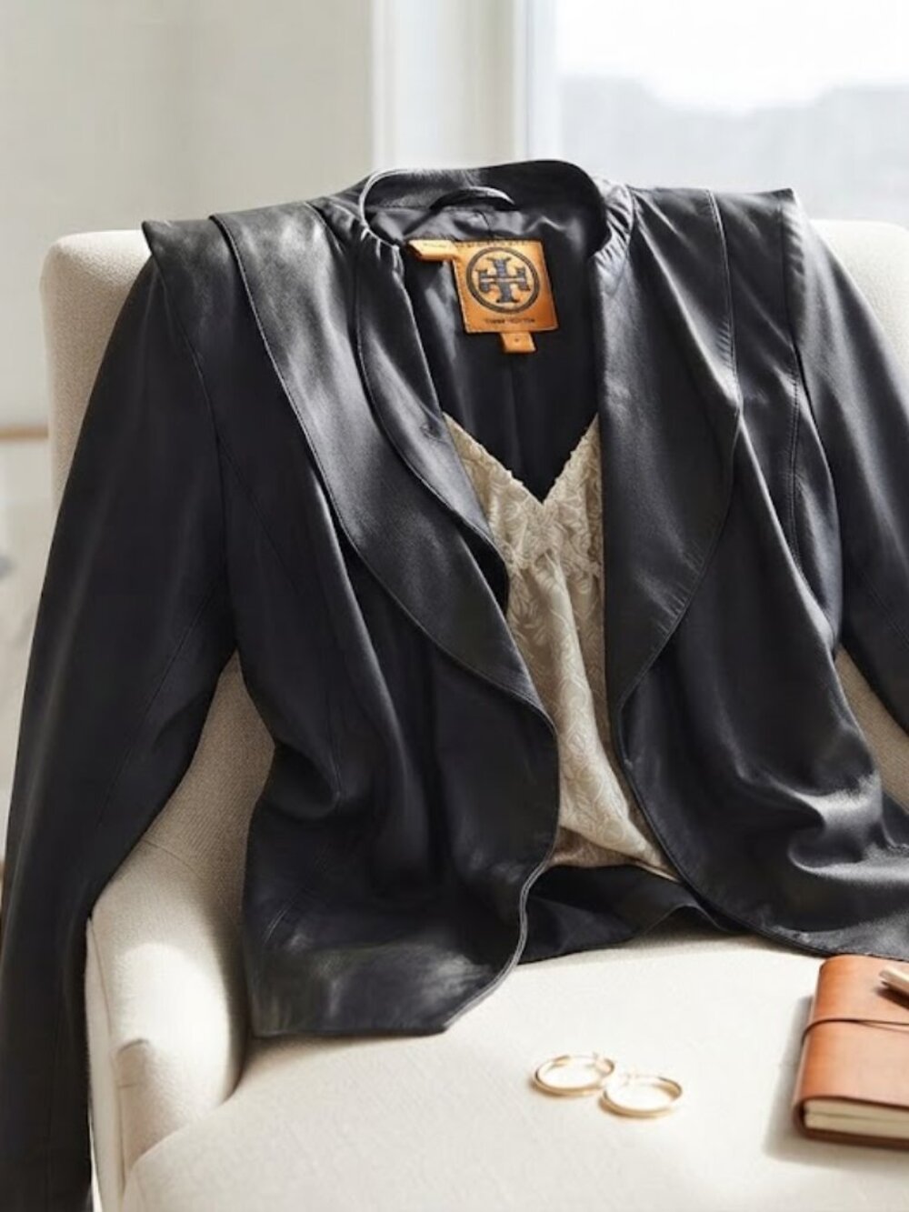 Tory Burch Black Soft Leather Draped Open Front Jacket Sz 6